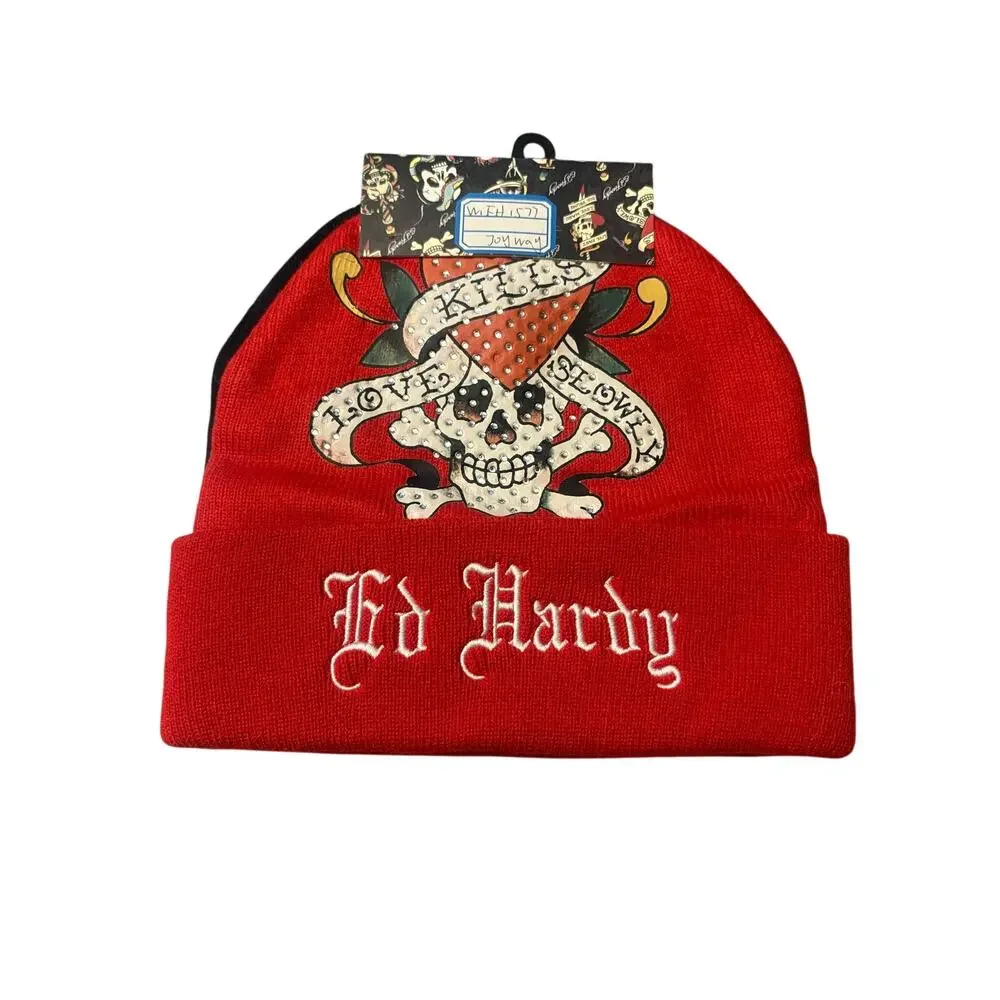 2 pack Ed Hardy winter beanie hats, red and black classic tattoo style NWT